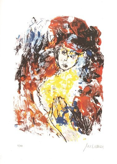 Lithografie von Armin Mueller-Stahl -Frau mit Hut- Eine Frau mit rotem Hut, umgeben von expressiven Farbfeldern in Rot, Blau, Gelb und Schwarz.