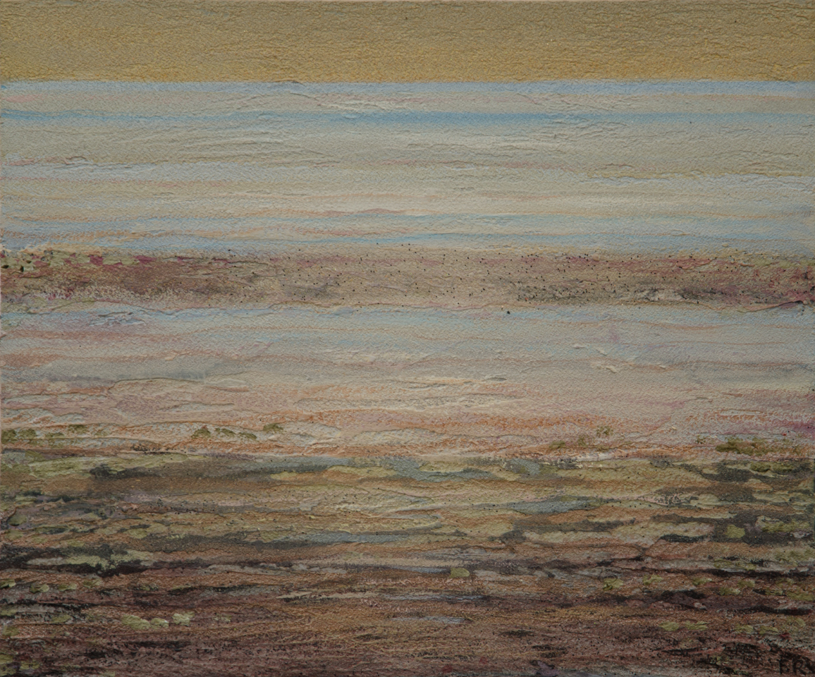 Gemälde von Folkert Rasch -Kleine Untiefe- kleines Querformat in gedeckten Erd- und Sandtönen, das Watt bei Ebbe zeigt sich in horizontalen Schichten aus Dunkelbraun, Beige, Hellblau, oben ein mattgelber Himmel überm Horizont.