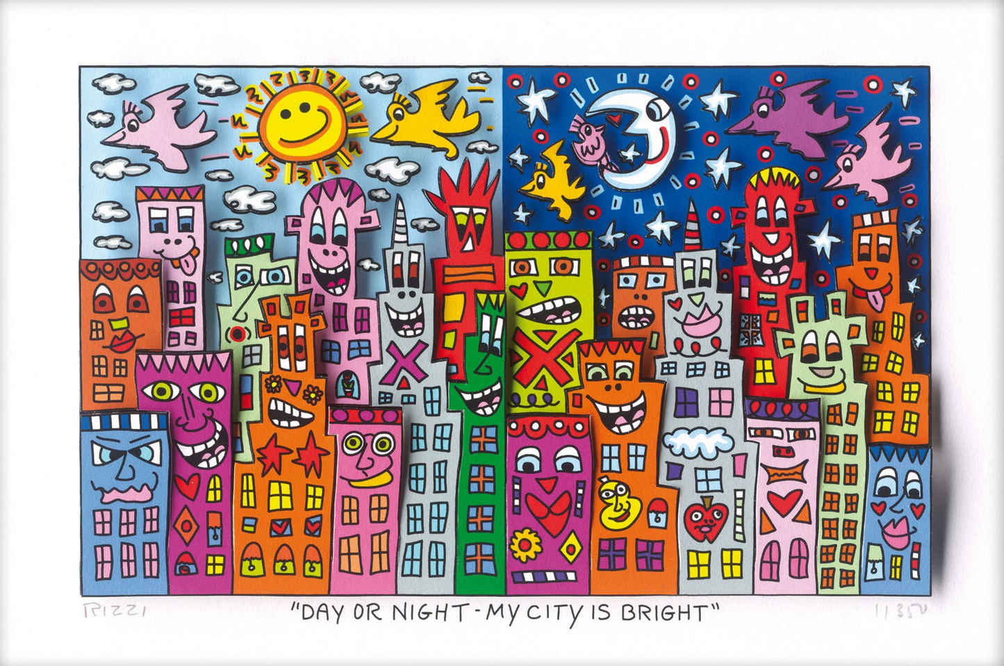 3D-Grafik -Day or night, my city is bright -Das Bild teilt sich in zwei Hälften: links der Tag mit strahlender Sonne, Wolken und hellem Himmel, rechts die Nacht mit Mond, Sternen und tiefblauem Hintergrund, beide Seiten bevölkern freundliche Häuser mit Gesichtern, Symbolen, sowie Vögel.
