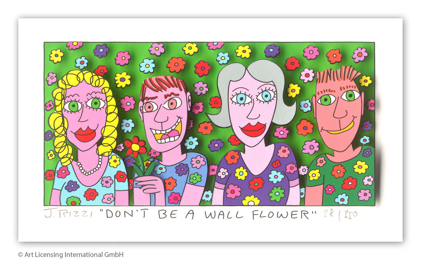 3D-Grafik, drucksigniert, Auflage 350, vier Figuren vor grüner Blumenwand, blonde Frau mit Zopf, junger Mann mit roter Blume, ältere Dame und weiterer Charakter in geblumter Kleidung