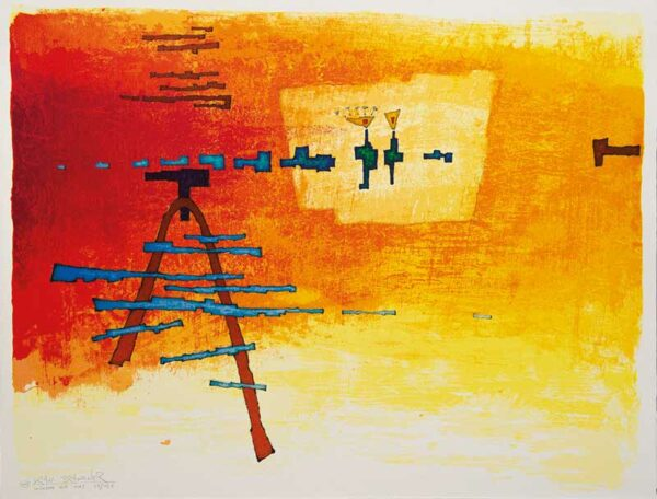 Serigrafie von Klaus Brandner mit abstrakten Figuren auf roten-orangenem Hintergrund.