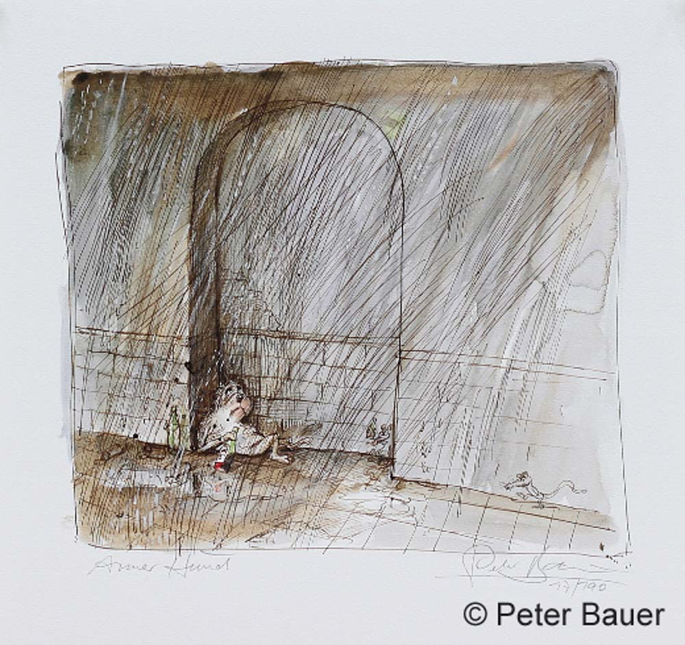 Fine-Art-Print von Peter Bauer -Armer Hund- zeigt einen kleinen Hund, der im strömenden Regen unter einem Torbogen kauert mit einer halb leeren Flasche Wein.