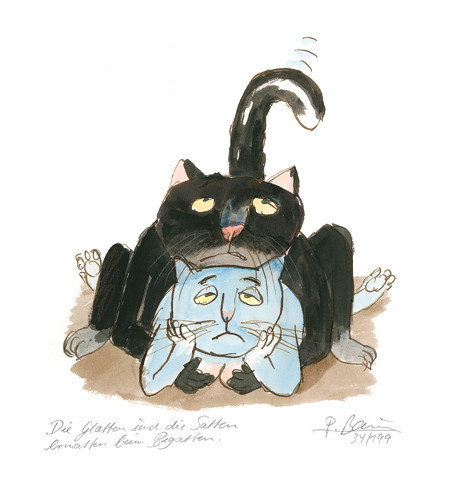 Fine-Art-Print von Peter Bauer -Die Glatten und die Satten ermatten beim Begatten- zeigt zwei Katzen in inniger, aber gelangweilter Umarmung beim Liebsspiel.
