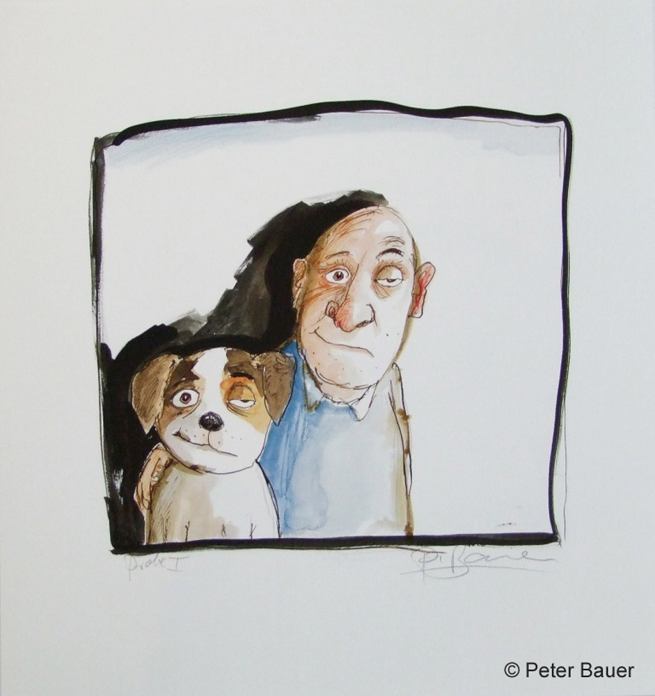 Fine-Art-Print von Peter Bauer -Hund und Herrchen- zeigt ein Doppelporträt wie ein gemeinsames Selfie – ein älterer Herr und sein Hund, Schulter an Schulter, beide sehen sich "erschreckend" ähnlich!