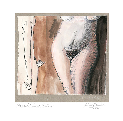 Giclee-Print -Muschi und Mausi- von Peter Bauer zeigt einen weiblichen Akt mit Katzengesicht im Intimbereich, daneben ein männlicher Akt mit Maus.