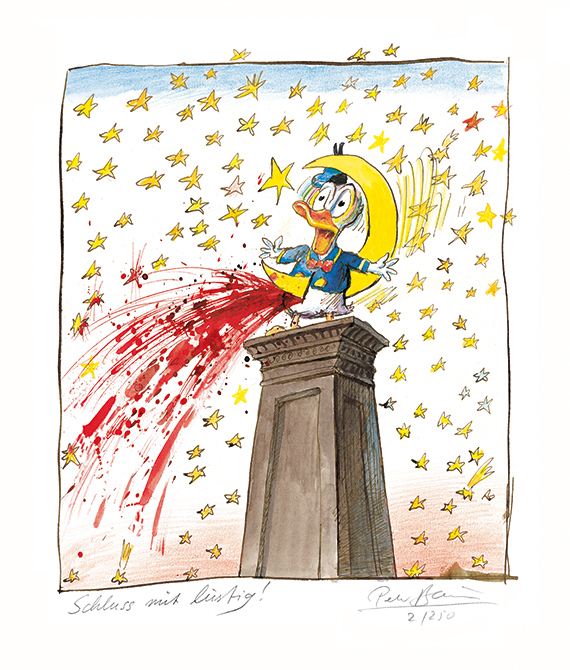 Fine-Art-Print von Peter Bauer: Schluß mit Lustig zeigt Donald Duck, der auf einem steinernen Sockel steht und von einer goldenen Sichel durchstochen wird. Darum sind unzählige goldene Sterne.