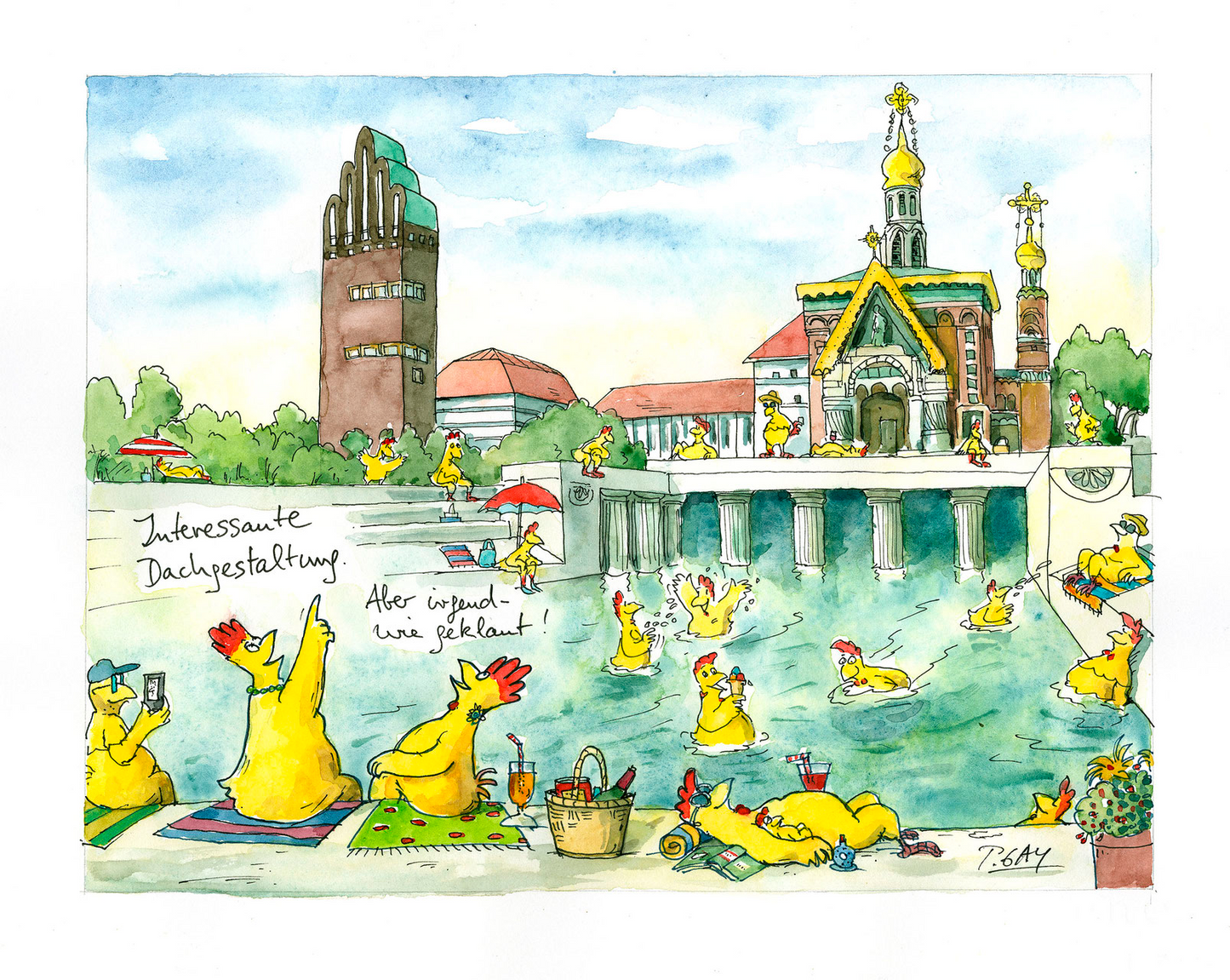 Pigmentdruck von Peter Gaymann - Das Albin-Müller-Becken auf der Mathildenhöhe ist voll mit planschenden gelben Hühnern. Im Hintergrund ist der Hochzeitsturm und die russische Kapelle.