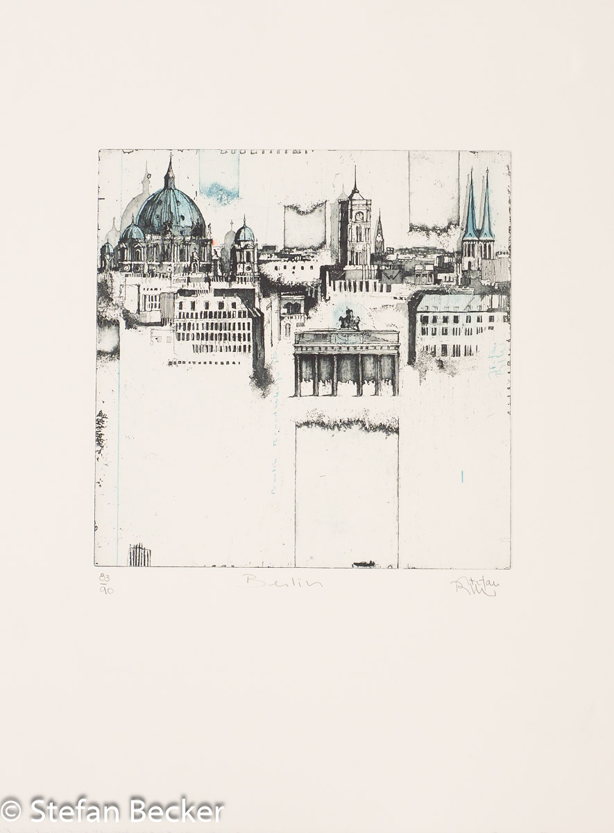 Radierung von Stefan Becker der historischen Mitte Berlins in einem modernem quadratischen Motiv, das die prägenden Bauten der Stadt in einer Vogelperspektive zeigt.