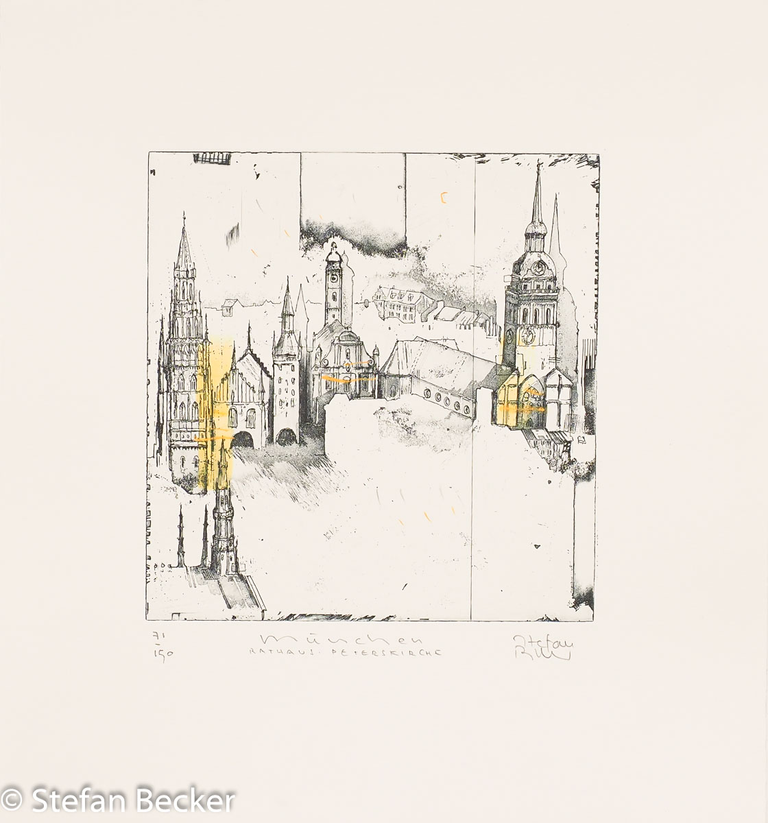 Radierung von Stefan Becker -München1- zeigt das Neue Rathaus am Marienplatz, der Turm der Peterskirche und die charakteristische Silhouette der Münchner Altstadt in einem modernen Quadrat.