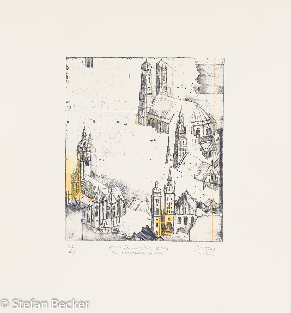 Radierung von Stefan Becker -München 2 zur Frauenkirche hin- zeigt die Frauenkirche mit ihren charakteristischen Zwiebelтürmen, die Peterskirche, die Heilig-Geist-Kirche und weitere Kirchtürme der Münchner Altstadt als moderne Radierung.