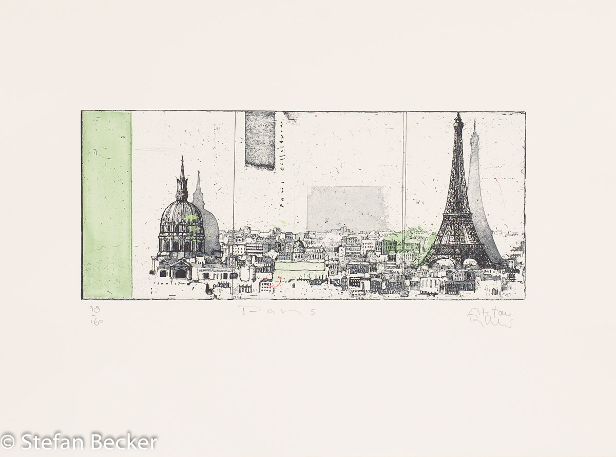 Radierung von Stefan Becker mit Eiffelturm, der aus der Pariser Altstadt herausragt in moderner Umsetzung und grünen Farbakzenten.