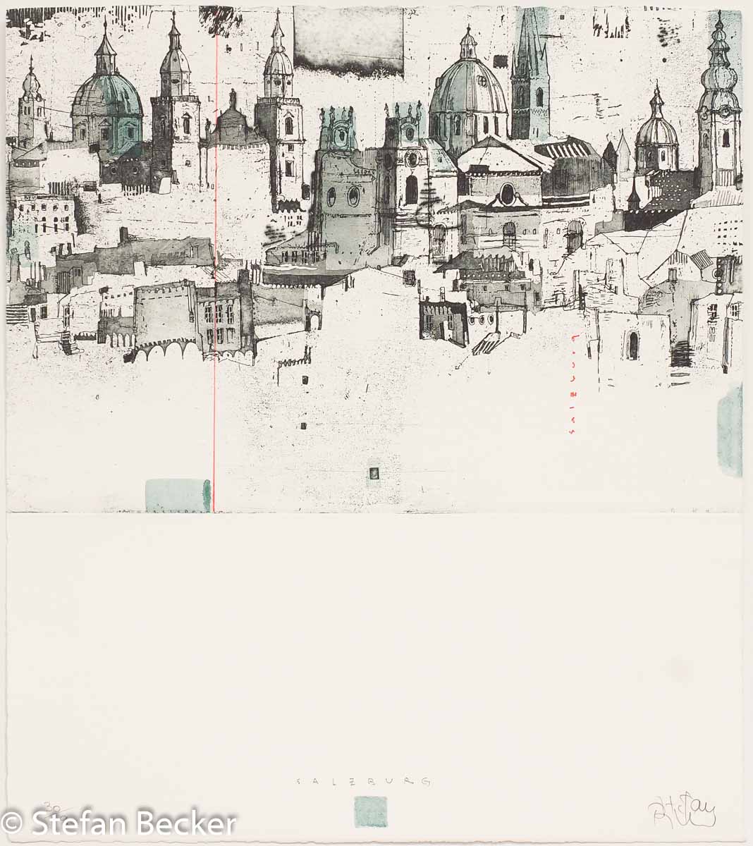 Radierung von Stefan Becker -Salzburg- mit historischen Gebäuden im oberen Bereich und großer Freifläche im unteren Drittel.