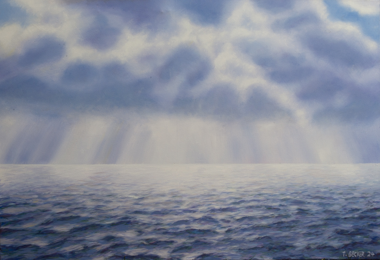 Gemälde von Thomas Becker - Lichtstrahlen brechen durch eine bewegte Wolkendecke und fallen auf eine leicht geräuschte Meeresoberfläche.