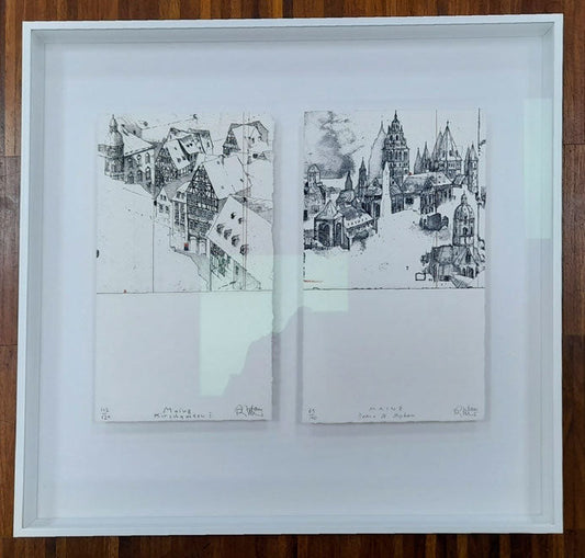 Zwei Radierungen von Stefan Becker mit Mainz-Motiven in weißem Aluminium-Objektrahmen mit schwebender Montage