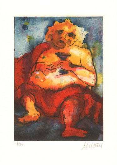 Radierung von Armin Mueller-Stahl -Bacchus- eine massige Gestalt in leuchtendem Orange und Rot, ein Gefäß in den Händen, vor einem tiefen Blau.