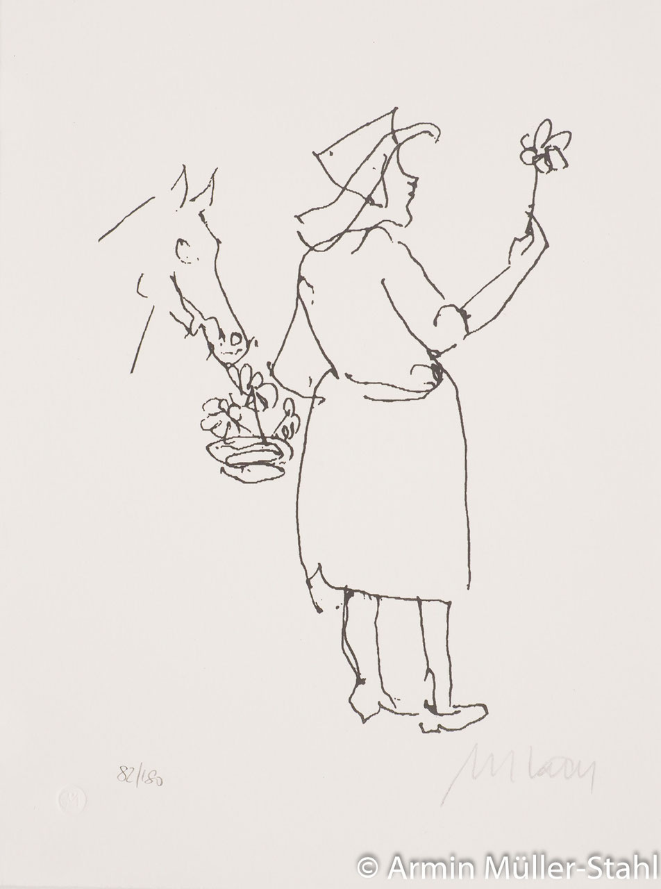 Lithografie von Armin Mueller-Stahl -Blumenfreunde- skizzenhafte Linienführung zeigt eine Frau mit Hut, eine Blume in der Hand, einen Korb Blumen hinterm Rücken haltend, ein Pferdekopf, der die Blumen im Korb frisst.
