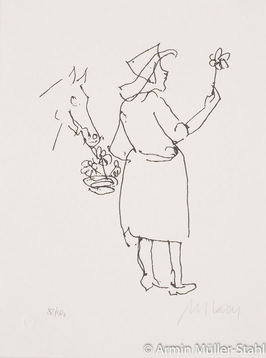 Lithografie von Armin Mueller-Stahl -Blumenfreunde- skizzenhafte Linienführung zeigt eine Frau mit Hut, eine Blume in der Hand, einen Korb Blumen hinterm Rücken haltend, ein Pferdekopf, der die Blumen im Korb frisst.