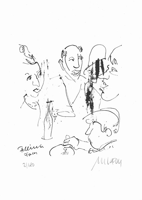 Lithografie von Armin Mueller-Stahl -Fellinis Faces- zeigt mit schwarzem skizzenhaftem Strich Gesichter.