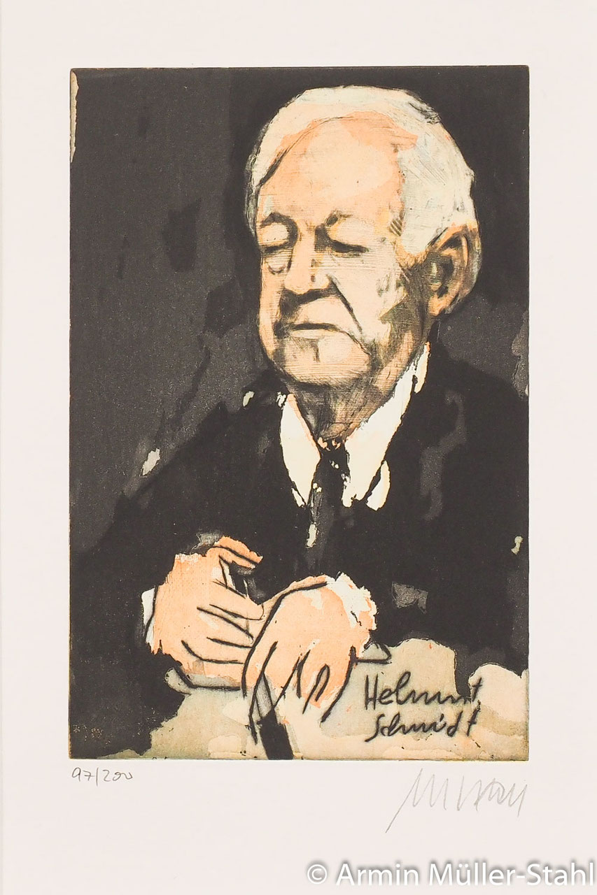 Radierung von Armin Mueller-Stahl -Helmut Schmidt- Altbundeskanzler im Dreiviertelprofil, den Blick gesenkt, eine Zigarette in der Hand, in Ocker, Braun und Schwarz.
