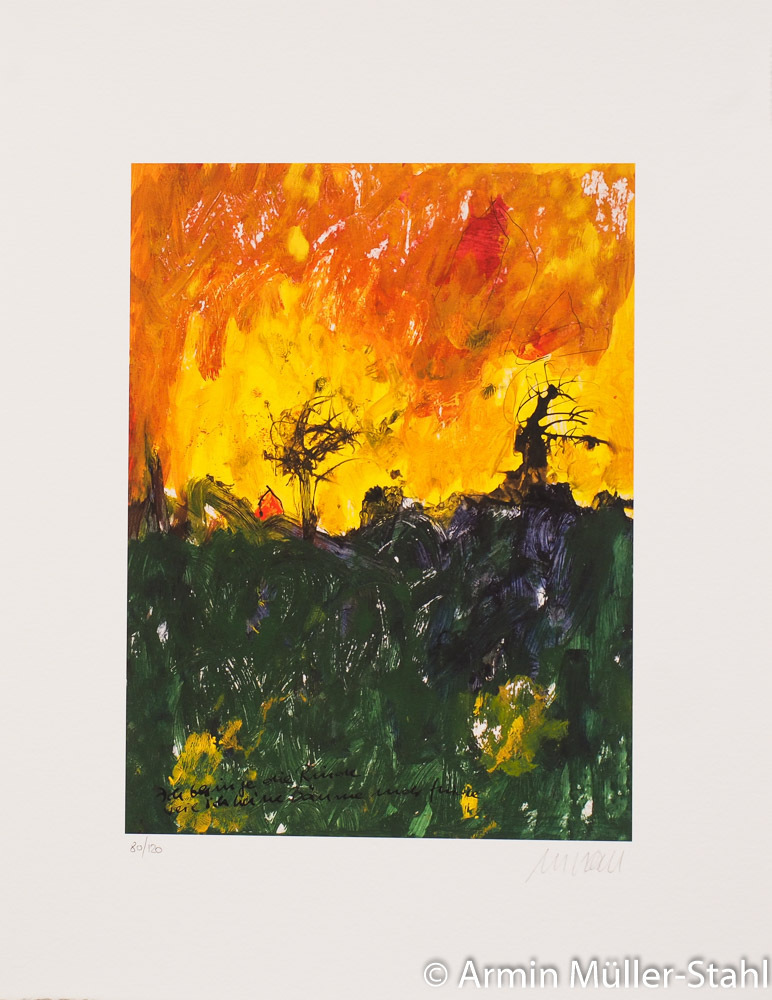 Gicleeprint von Armin Mueller-Stahl -Gelb-Orangener Himmel, die Erde liegt dunkelgrün darunter, dazwischen kahle Bäume.