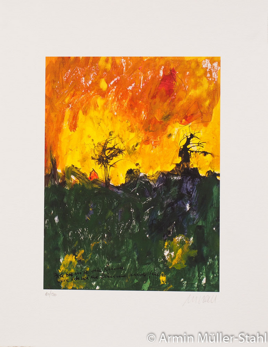 Gicleeprint von Armin Mueller-Stahl -Gelb-Orangener Himmel, die Erde liegt dunkelgrün darunter, dazwischen kahle Bäume.