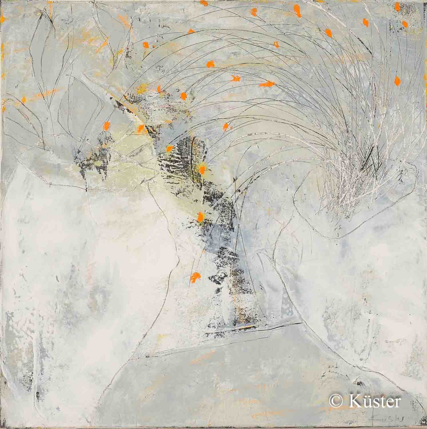 Gemälde von Claudia Küster mit zwei angedeuteten weißen Vasen mit kleinen gelben Blüten auf hellgrauem Hintergrund.