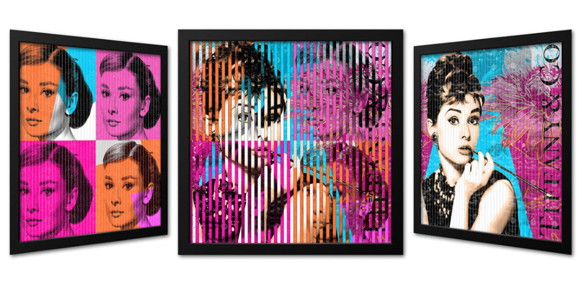 In „Blossom Icon“ macht Devin Miles Audrey Hepburn zum kinetischen Erlebnis: Je nach Blickwinkel zeigt das Werk drei völlig verschiedene Ansichten – ein Warhol-inspiriertes Vierfach-Porträt in Orange, Pink und Türkis, eine abstrakt-expressive Streifenkomposition in leuchtendem Magenta, und eine klassische Filmikonen-Darstellung mit „Tiffany“-Schriftzug.