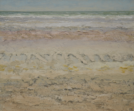 Gemälde von Folkert Rasch -Kleine Untiefe- weiter Sandstrand bei auflaufender See, im Vordergrund feiner, strukturreicher Sand in Beige und Creme mit kleinen dunklen Einschlüssen, darüber eine auslaufende Welle in Rosa und Hellgrau.
