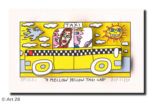 James Rizzi -A mellow yellow taxi cab- Zwei Passagiere und ein Fahrer blicken aus einem gelben Taxi, links ein Vogel, rechts eine lachende Sonne mit Kulleraugen. 