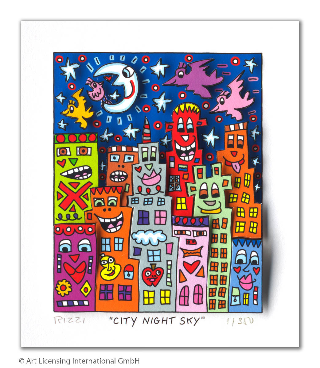 3D-Grafik von James Rizzi -City nightsky -lebendige Häuser in Grün, Orange, Rot, Lila und Grau drängen sich vor einem tiefdunkelblauen Sternenhimmel mit weißem Mond und roten Kreisen, bunte Vögel fliegen durch die Nacht.