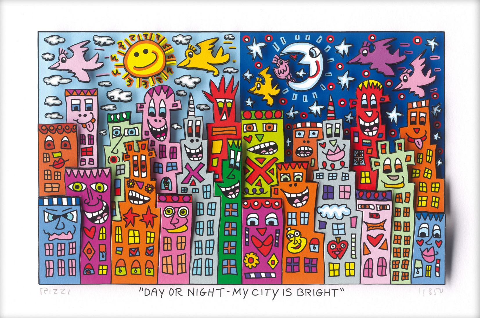 3D-Grafik -Day or night, my city is bright -Das Bild teilt sich in zwei Hälften: links der Tag mit strahlender Sonne, Wolken und hellem Himmel, rechts die Nacht mit Mond, Sternen und tiefblauem Hintergrund, beide Seiten bevölkern freundliche Häuser mit Gesichtern, Symbolen, sowie Vögel.