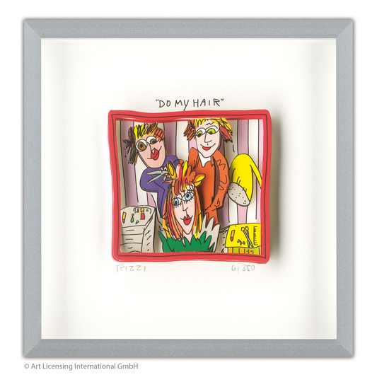 3D-Grafik von James Rizzi -Do my hair- eine rothaarige Kundin, hinter ihr zwei Friseure mit bunten Haaren und ausdrucksstarken Gesichtern.