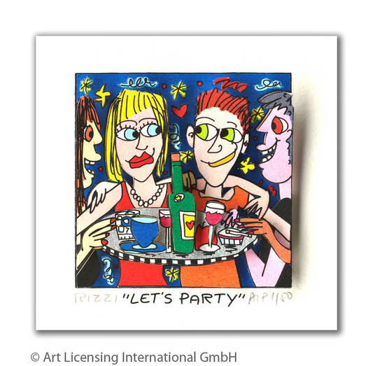 3D-Grafik von James Rizzi -Lets Party- Vier Figuren drängen sich um einen runden Tisch mit Weinflaschen und Gläsern – eine blonde Frau mit Perlenkette, eine Rothaarige mit grünen Augen und zwei weitere Charaktere im Hintergrund.