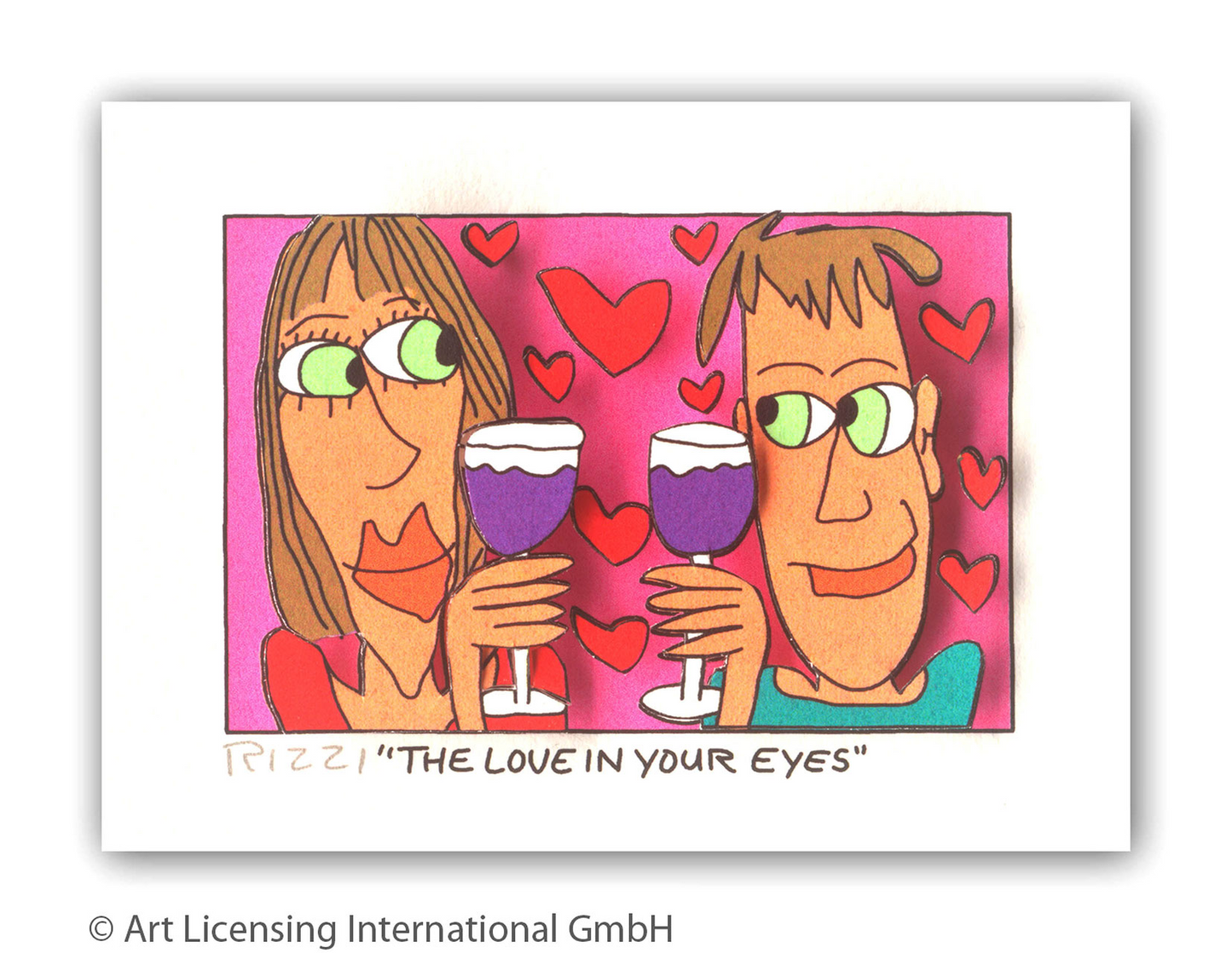 3D-Grafik von James Rizzi -The love in your eyes-ein Paar stößt mit Rotweinglas auf pinkem Hintergrund an, umgeben von roten Herzen, die plastisch aus dem Bild heraustreten, beide Figuren haben große grüne Augen und strahlen pure Verliebtheit aus, ein romantisches Kleinformat, das sich als Geschenk zum Valentinstag, zur Hochzeit oder zum Jubiläum besonders eignet.