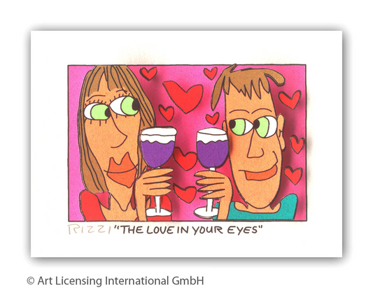 3D-Grafik von James Rizzi -The love in your eyes-ein Paar stößt mit Rotweinglas auf pinkem Hintergrund an, umgeben von roten Herzen, die plastisch aus dem Bild heraustreten, beide Figuren haben große grüne Augen und strahlen pure Verliebtheit aus, ein romantisches Kleinformat, das sich als Geschenk zum Valentinstag, zur Hochzeit oder zum Jubiläum besonders eignet.