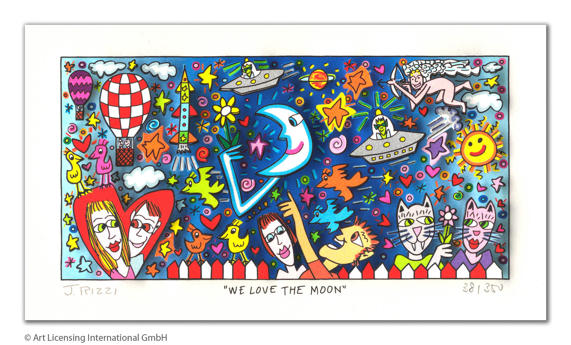 3D-Grafik von James Rizzi -We love the moon- Ein großer blauer Mond mit Gesicht im Zentrum, umgeben von Sternen, Herzen, bunten Vögeln, einem Heißluftballon, Raketen, Raumschiffen, einem Amor und einer lachenden Sonne.