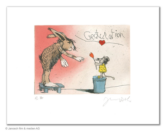 Radierung von Janosch - Gratulation du lieber Hase- großer zotteliger Hase verbeugt sich vor einer kleinen Maus, die auf einem Eimer steht und ihm eine rote Blume entgegenstreckt.