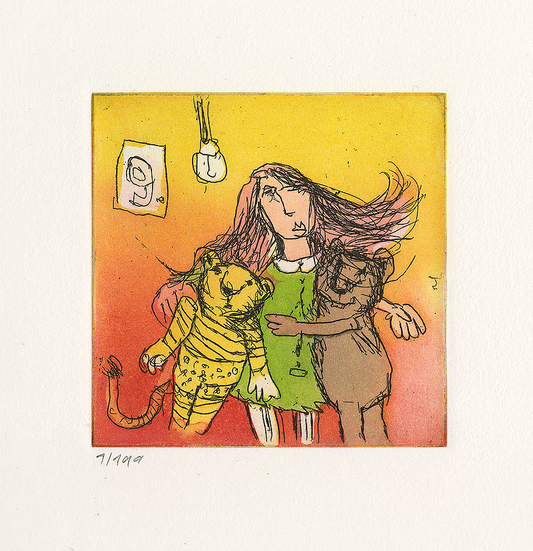 Radierung von Janosch - Immer abends haben wir uns lieb- Ein Mädchen mit wehenden Haaren hält Janosch’s Tiger und Bär in den Armen.