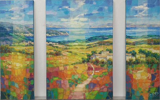 Gemälde von Jean Claude Picard  zeigt eine südliche Landschaft in leuchtendem flächigen Farben, ein Weg führt durch bunt gemusterte Felder in Orange, Rot, Grün und Gelb auf ein Meer, das in strahlendem Türkis und Blau unter einem Wolkenhimmel liegt.