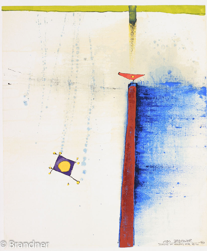 Serigrafie von Klaus Brandner - Ein roter Vogel thront auf einem hohen roten Pfeiler vor einem leuchtend blauen Feld, links schwebt ein lila Drachen mit gelbem Kreis.