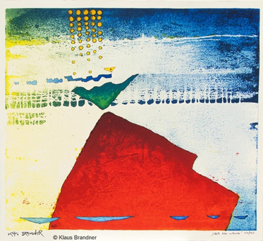Serigrafie von Klaus Brandner - Ein leuchtendes Rot dominiert die untere Bildhälfte, darüber schweben goldene Punkte, eine grüne Form und blaue Wellenlinien vor einem strukturierten Blau-Weiß.