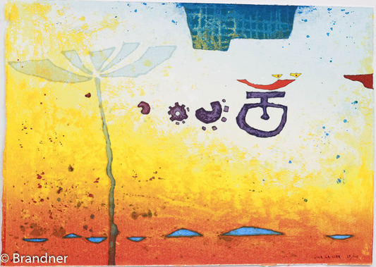 Serigrafie von Klaus Brandner - Eine weiße Blüte wächst aus einem Farbverlauf von leuchtendem Orange über Gelb bis ins Kühle.