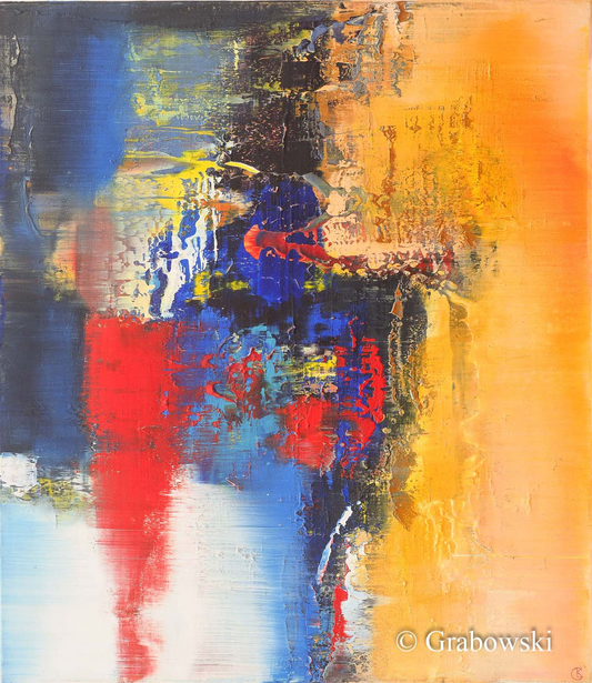 Warmes Orange strömt von rechts, kräftiges Blau und Rot behaupten sich links – abstraktes Gemälde von Konstantin Grabowski.