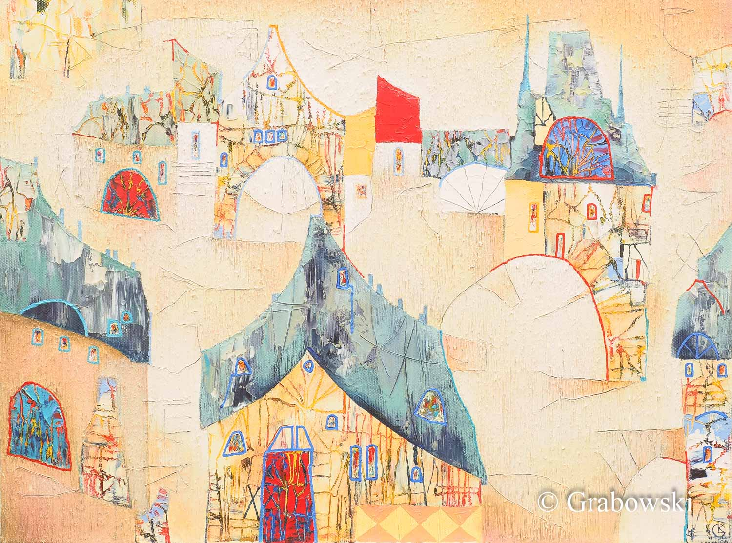 Gemälde von Konstantin Grabowski mit einer abstrakten Stadt mit starken Strukturen in beige und türkis und rot.
