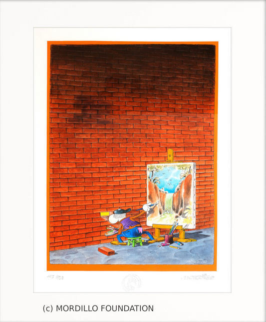 Pigmentdruck von Mordillo -Through The Wall- Eine riesige rote Backsteinmauer füllt fast das gesamte Bild – und davor sitzt ein kleiner Maler auf einem Hocker malt auf der Leinwand eine Landschaft: Wasserfall, Palmen, blauer Himmel.