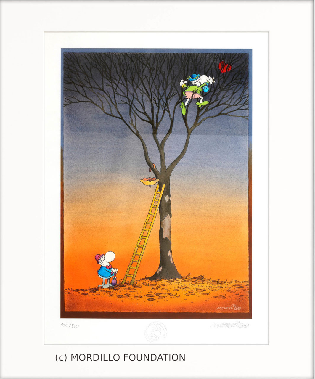 Pigmentdruck von Mordillo -Heart In The Tree- Ein kahler Herbstbaum in der Abenddämmerung, unten steht ein Mann und sieht nach oben, oben ist eine Dame, die im Geäst nach einem Herzluftballon greift.