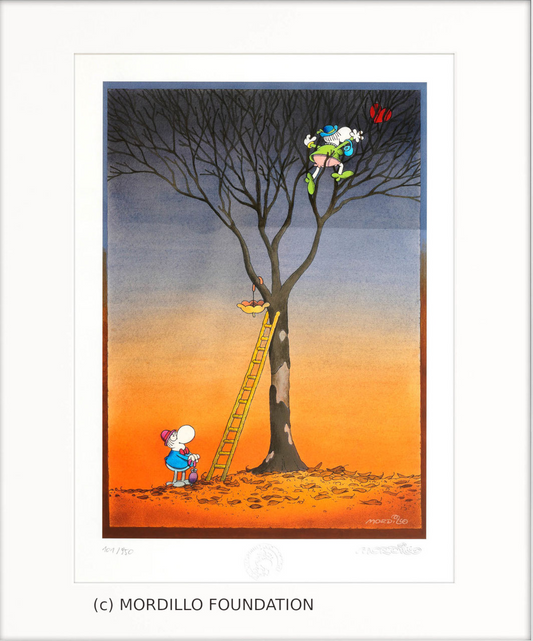 Pigmentdruck von Mordillo -Heart In The Tree- Ein kahler Herbstbaum in der Abenddämmerung, unten steht ein Mann und sieht nach oben, oben ist eine Dame, die im Geäst nach einem Herzluftballon greift.