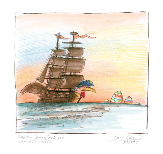 Peter Bauers Fine-Art-Print -Captain James Cock- zeigt einen Hahn mit Kapitänsmütze auf einem Segelschiff bei Sonnenuntergang – im Hintergrund ragen bunte Ostereier aus dem Wasser