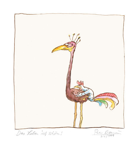 Giclee-Print von Peter Bauer -Das Leben ist schön- zeigt zwei Vögel beim Liebsspiel.