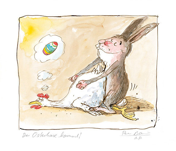 Osterhase und Huhn produzieren bunte Eier.